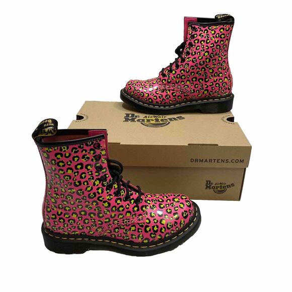 Dr Martens Boots Womens 6 Pink Leopard Water Repellent 1460 Leather Lace Up Shoe - Picture 1 of 14